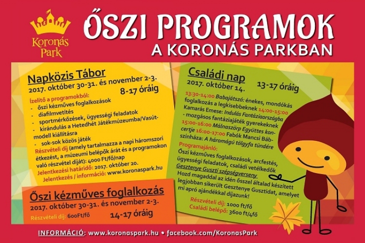 Családi nap, tábor, kézműves foglalkozás - őszi programok a Koronás Parkban